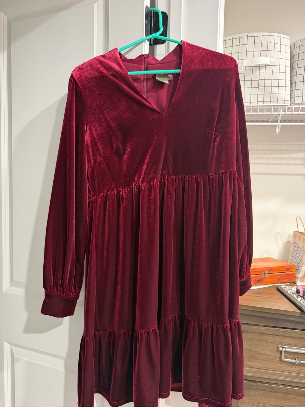 Taylor Burgundy Velvet V-Neck Long Sleeve Tiered A-Line Short Dress, 12